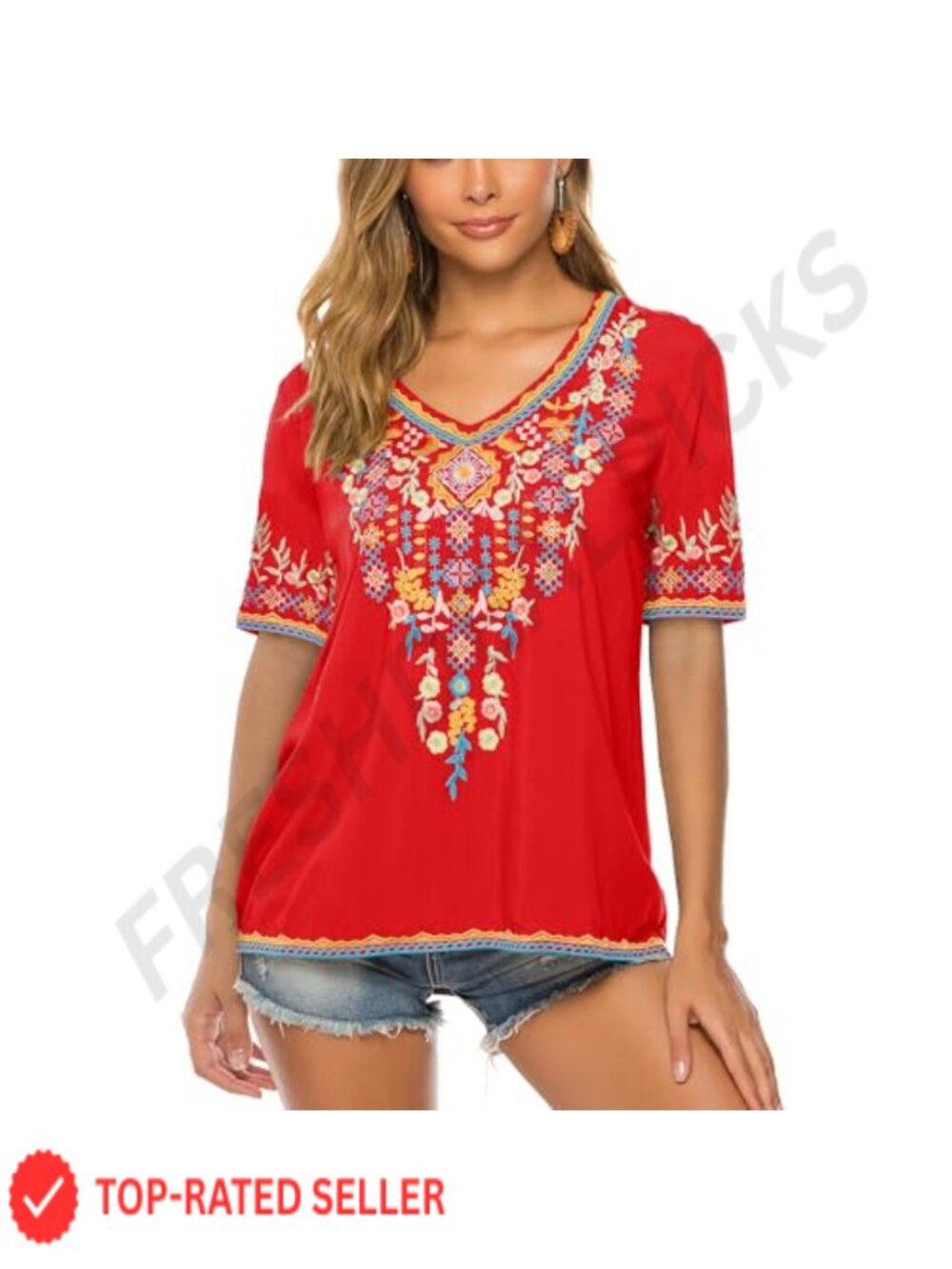 Womens Rayon Embroidered Bohemian Tunic Top V-Neck Short Sleeve Blouse